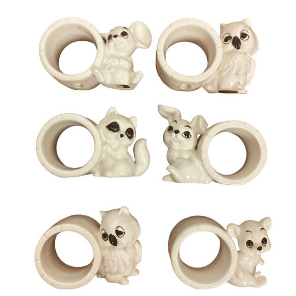 Schmid Bros Animal Napkin Rings Set Of 6 White Ceramic Raccoon Owl Mouse in Box - Picture 1 of 14